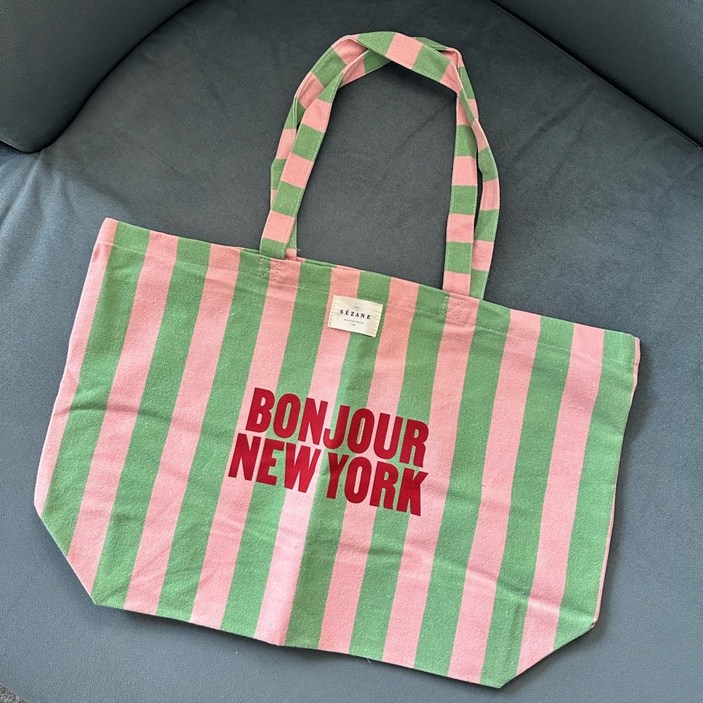 Sezane Bonjour New York Recycled Cotton Tote in Pink/Green